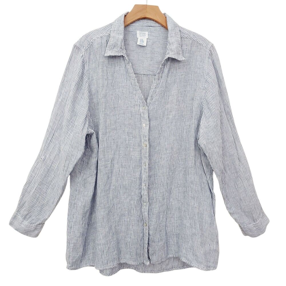 Sigrid Olsen Shirt Womens 2X Blue Stripes Roll Tab Sleeve Linen Beach Travel